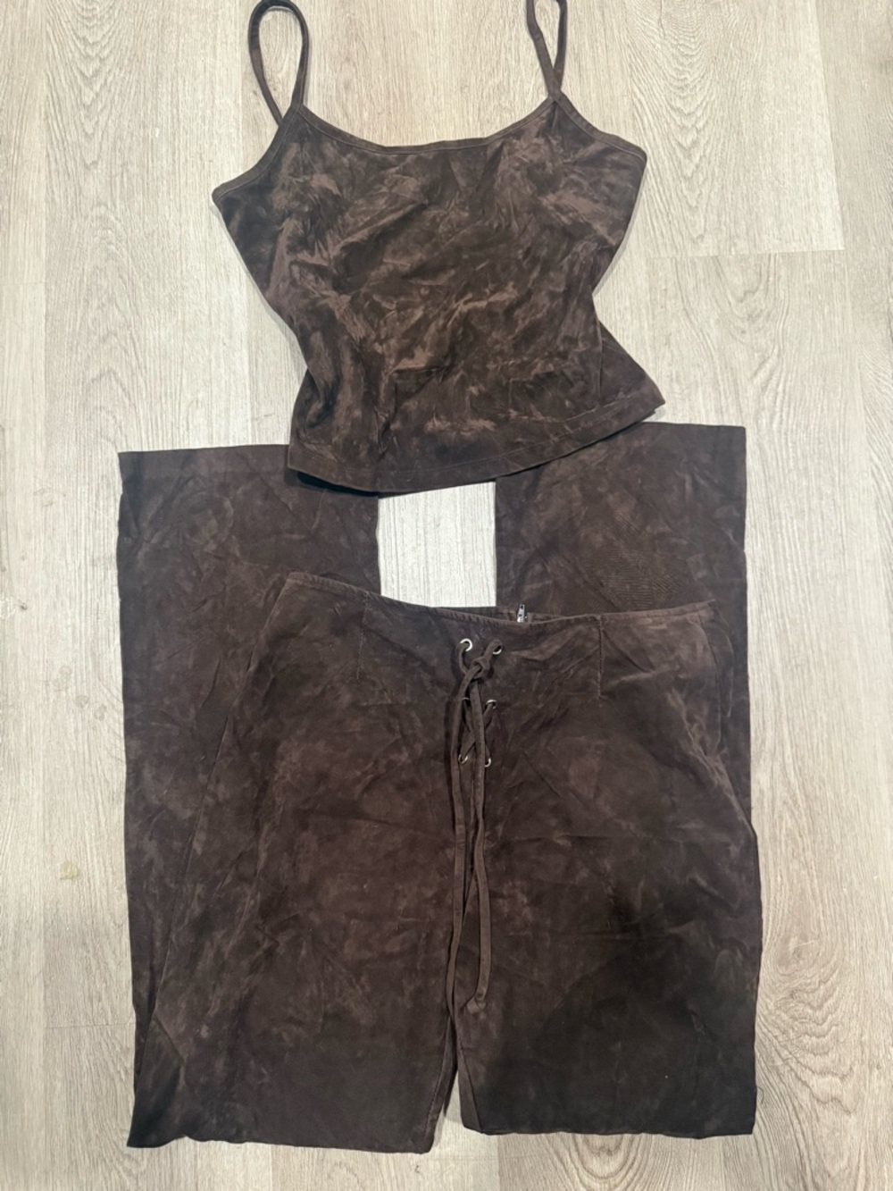 American Vintage Brown Suede-Look Two-Piece Set low rise pant and tank Y2K